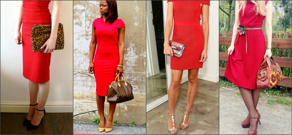 Красное платье и бежевые чулки