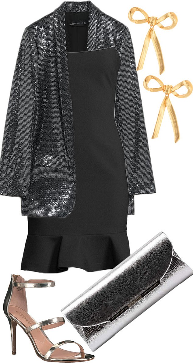 Shop the look: Sequin Jacket by Zara, $119; zara.com. Metal Bow Earrings by Oscar de la Renta, $190; nordstrom.com. Envelope Clutch Purse by Marswoodsen, $16.99; amazon.com. Ria Dress Sandal by Charles by Charles David, $99; amazon.com