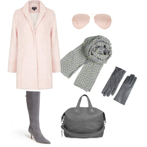 серые сапоги и розовое пальто