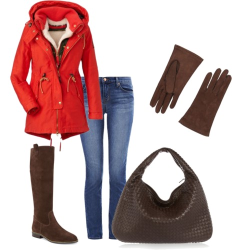 коричнеыве сапоги и красная куртка 2
