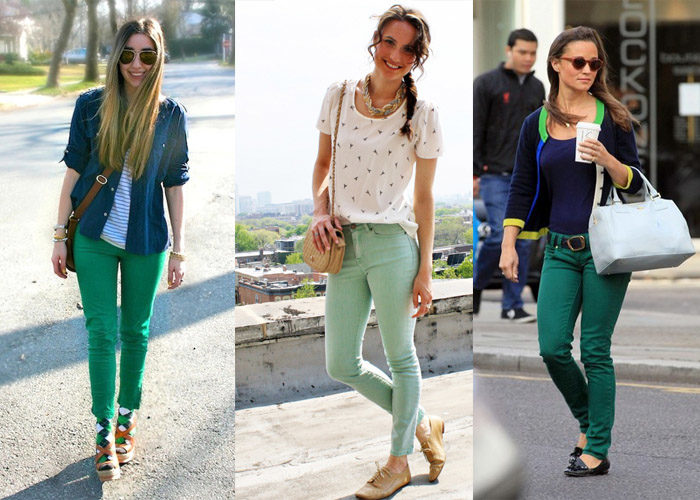 Варианты с чем носить зелёные джинсы.