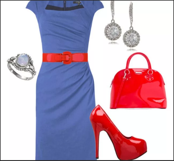 синее платье с красными туфлями