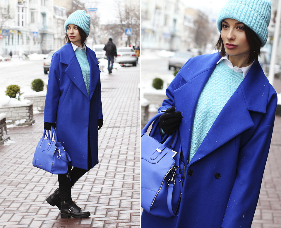 С чем носить женское пальто синего цвета 