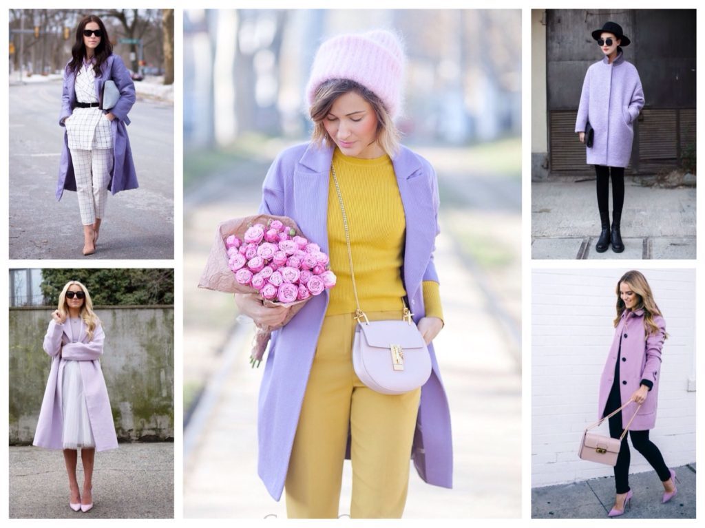 Варианты образов с фиолетовым пальто.