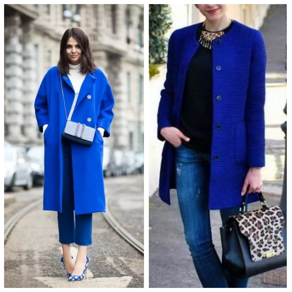 С чем носить женское пальто синего цвета  1