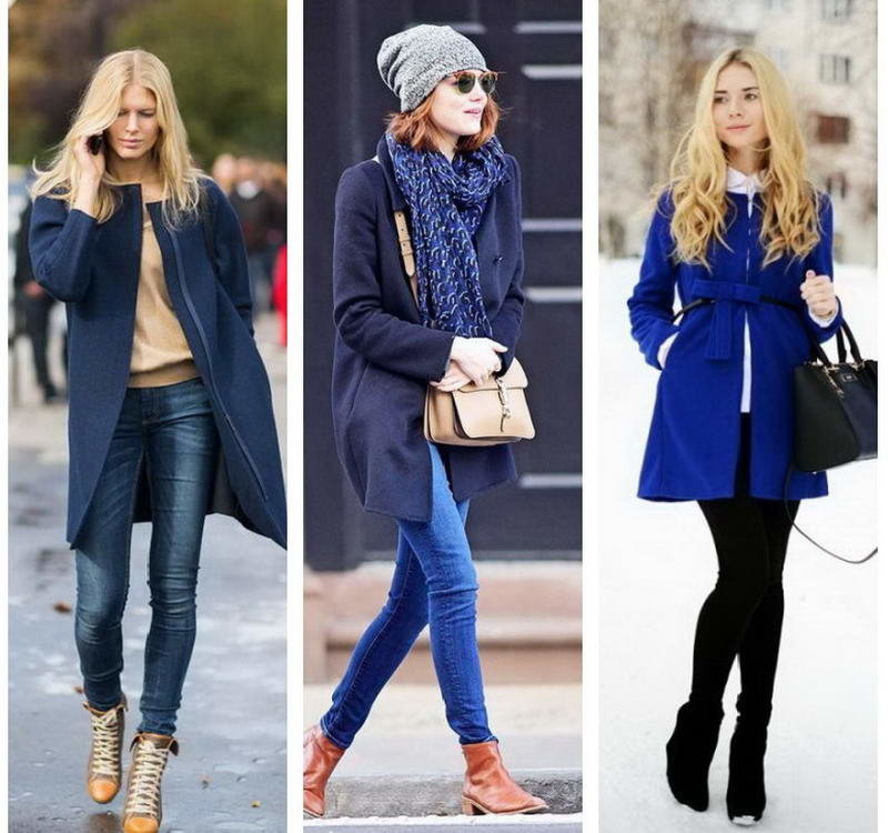 С чем носить женское короткое пальто синего цвета 