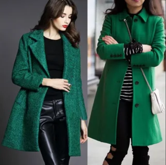 зеленое изумрудное пальто приталенное с черным цветом