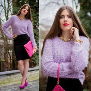 Коллаж фотографий в фиолетовом свитере и черной юбке
