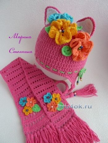 Комплект для девочки: шапка - кошка и шарф крючком