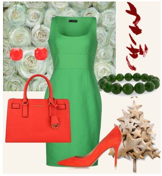 Зелёное платье с красными туфлями