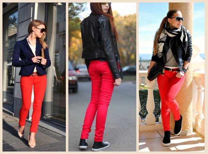 С чем одеть красные джинсы женские