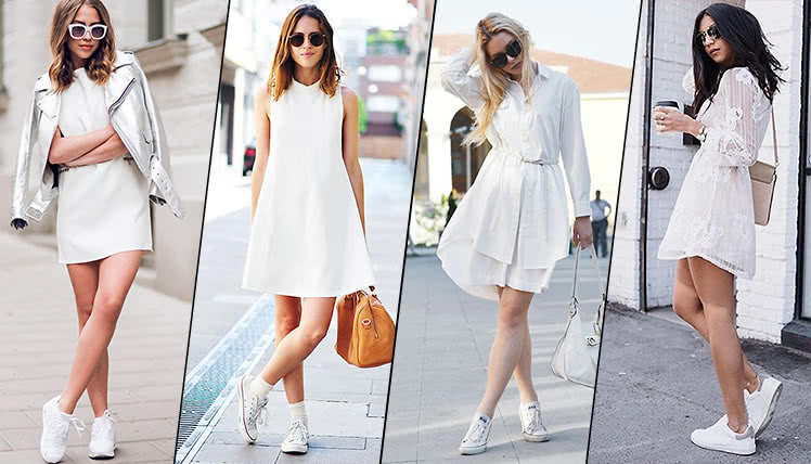 Как носить белое платье с кроссовками, фото