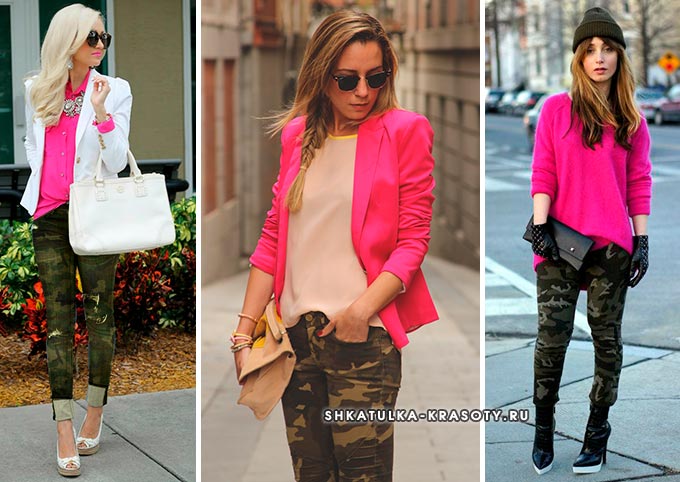 ярко розовый верх и женские брюки или джинсы цвета хаки