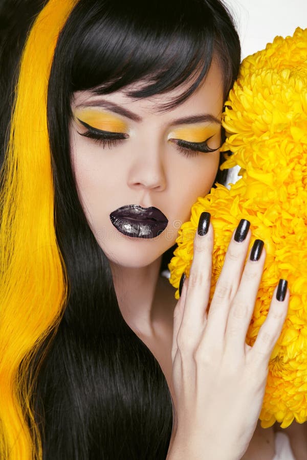 Punk Girl Portrait with Colorful Makeup, Long Hair, Nail polish. Manicure and Hairstyle. Black and yellow Colors stock image