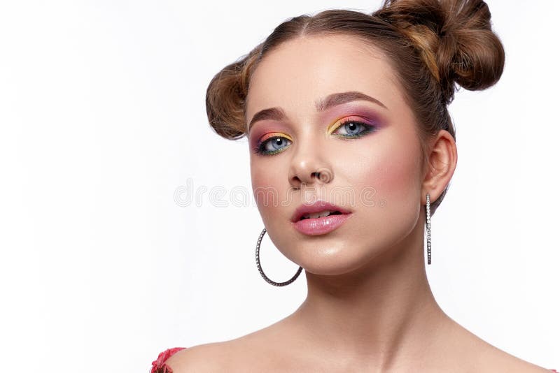 Selective focus of female with bright professional makeup stock photos