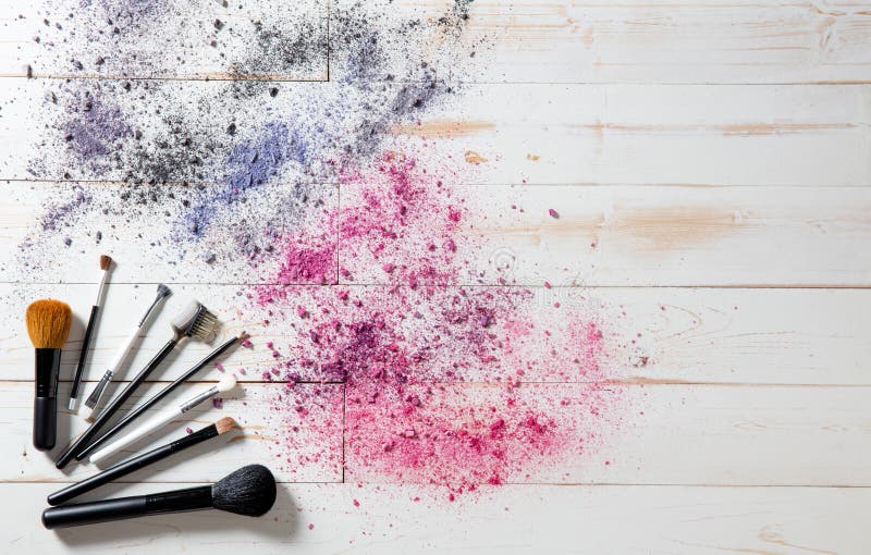 Wallpaper for professional makeup and fashion brushes and colorful pigments. Wallpaper for professional makeup and fashion accessories with blush and eyeshadow stock photography