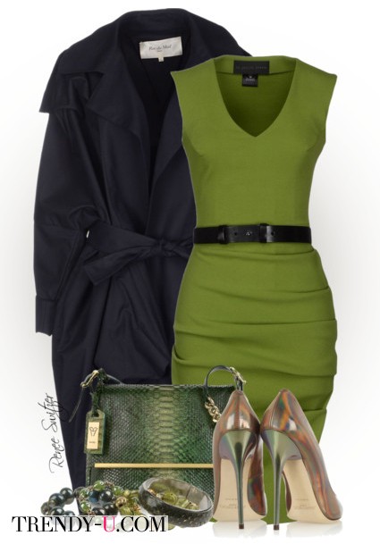 Зеленое платье, черное пальто, аксессуары