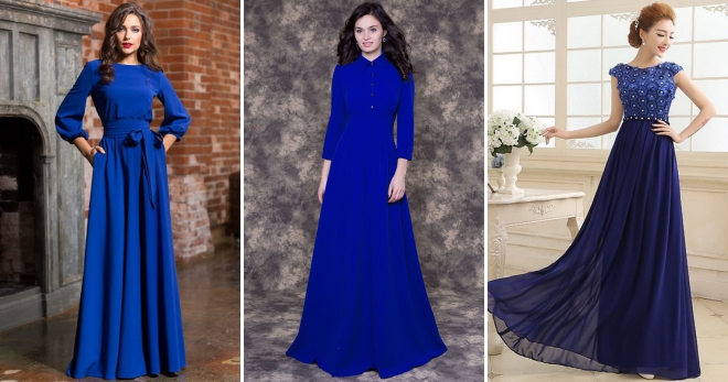 Синее длинное платье – правила создания модного образа на любой вкус