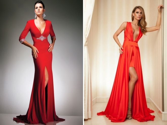 красное длинное платье с разрезом