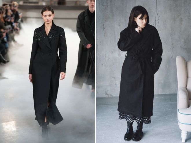 женское черное длинное пальто