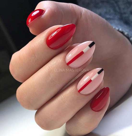 Красный цвет ногтей с геометрией