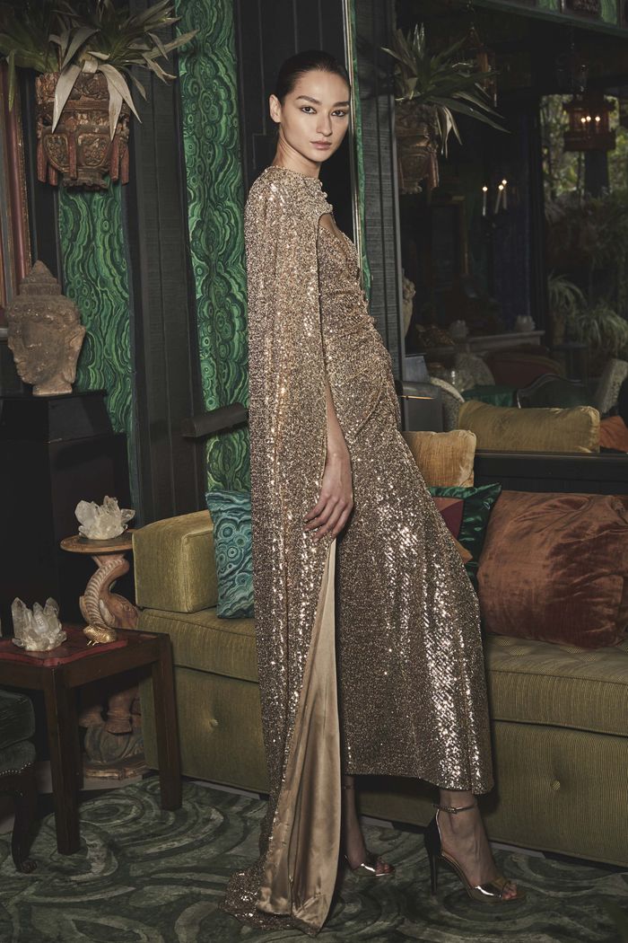 Модное длинное блестящее платье Monique Lhuillier