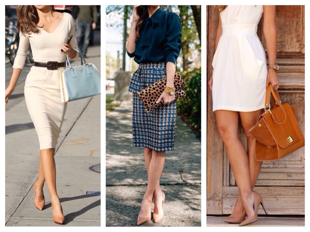Нюдовые туфли отлично дополняют образы с платьями и юбками-карандашами.