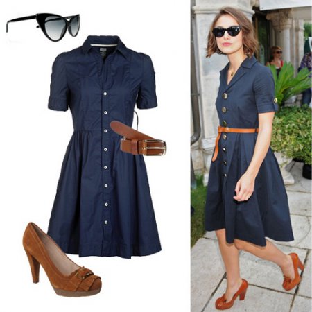 Синее платье с коричневой обувью и аксессуарами приобретает особое очарование.